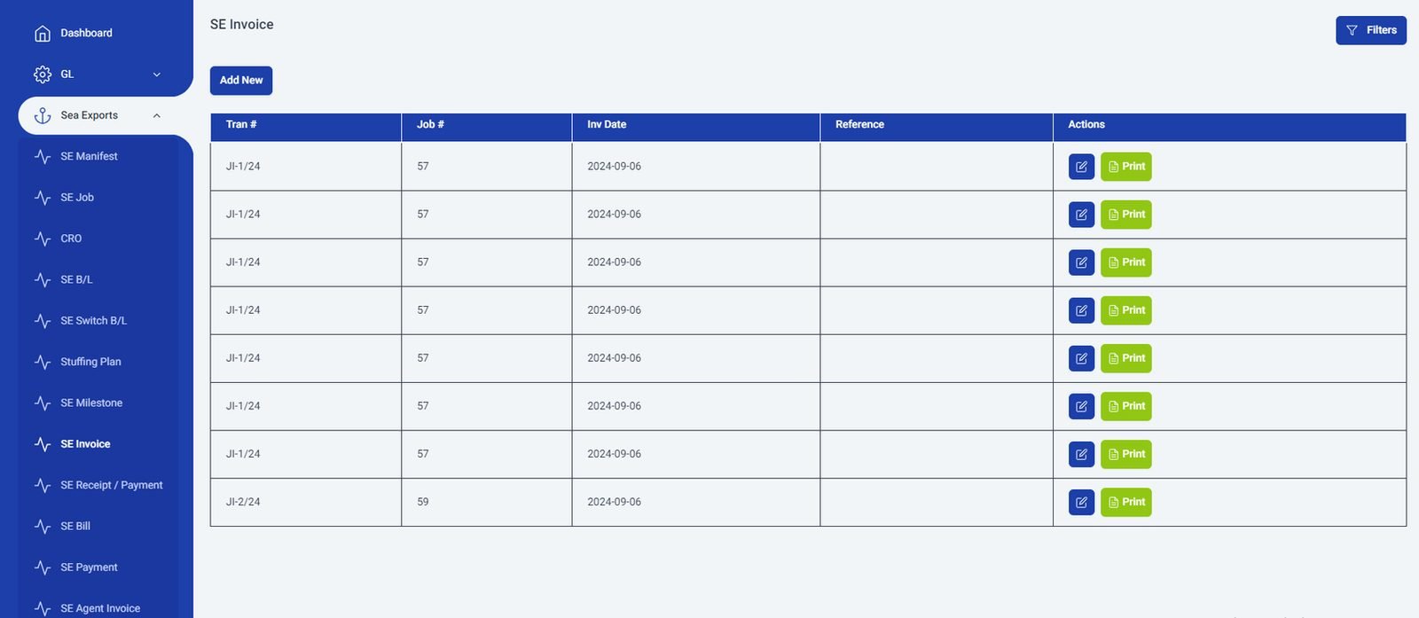Dropper sea export invoice register